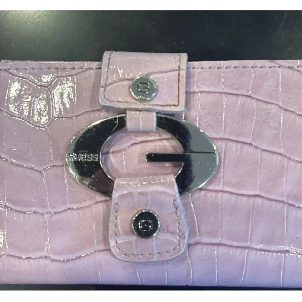 Guess Light Purple Croc Embossed Women's Clutch Wallet With Iconic Silver G